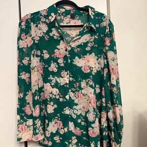 SHEIN Green Floral Button-Front Blouse
